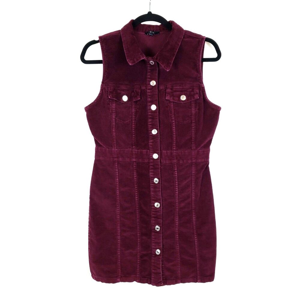 Iris Red Corduroy Dress Womens M Sheath Button-Front Retro 70s Funky Grunge